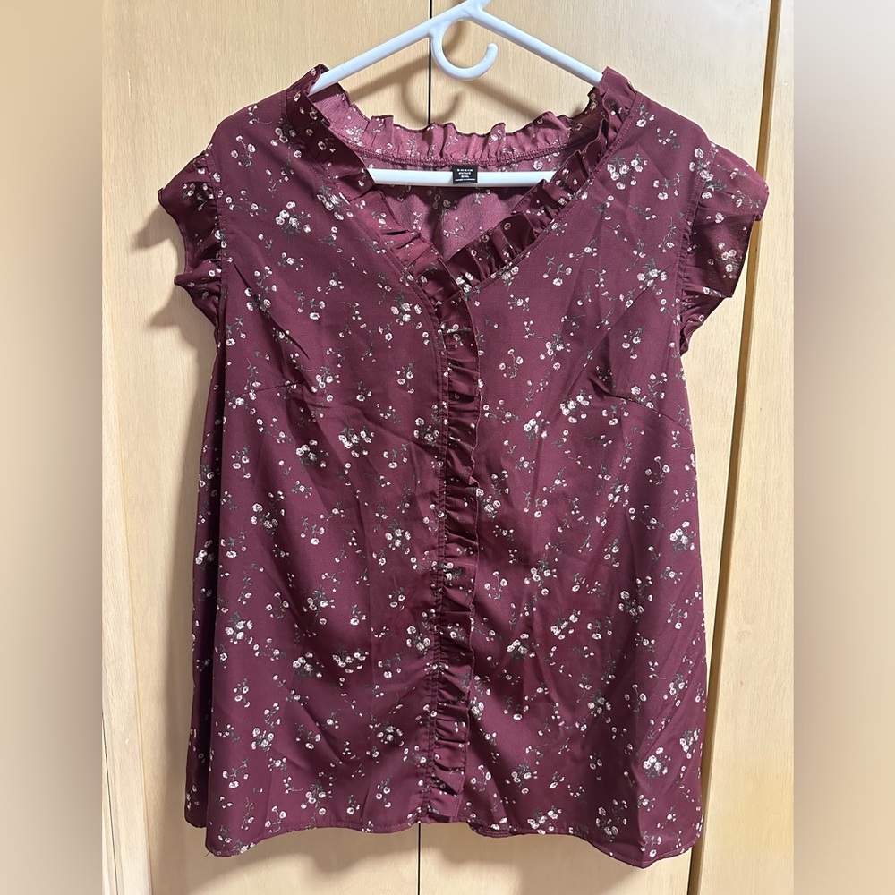 Shein Curve V-Neck Blouse with Pretty Floral Design & Ruffle Trim